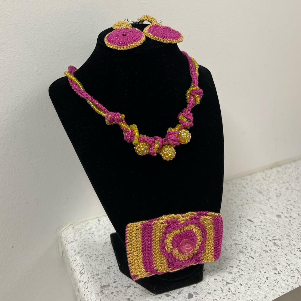Crochet Hand Made Set , Necklace, Bracelet, Earrings